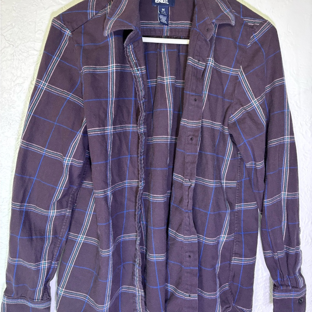 Lands' End Gray Plaid Button-Up Flannel Shirt with Blue Windowpane